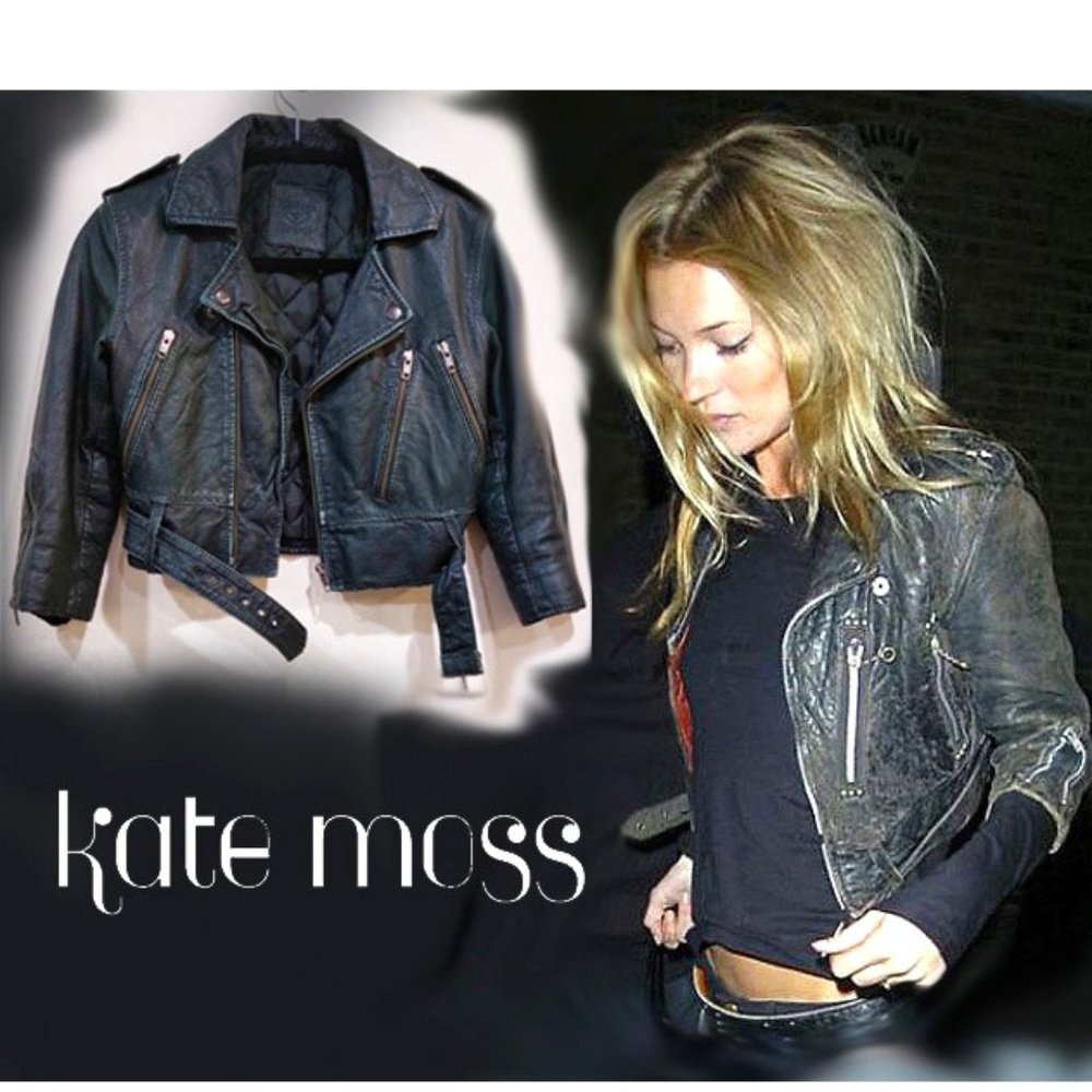 💥HOT ITEM💥VTG ICONIC KATE MOSS x TOPSHOP DISTRESSED GREEN LEATHER MOTO JACKET